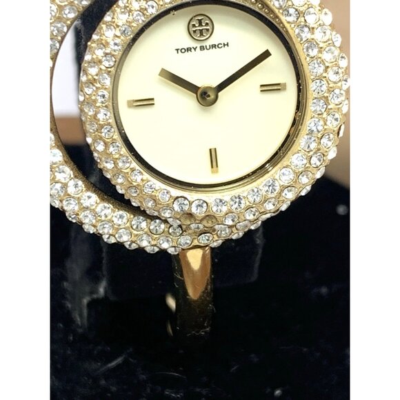 Tory Burch Women's Watch TBW7026 Cream Dial Quartz Bangle Swirl Gems Gold Steel - Picture 4 of 15